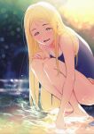  1girl absurdres barefoot blonde_hair blue_eyes blue_one-piece_swimsuit blurry blush bokeh caustics competition_school_swimsuit czzsghdf day depth_of_field hand_on_own_knee happy highres jewelry kofune_ushio light_particles long_hair nature necklace one-piece_swimsuit open_mouth pendant school_swimsuit shallow_water smile soaking_hands solo squatting summertime_render sunlight swimsuit very_long_hair water 