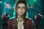  1boy 1girl aerith_gainsborough bangle black_gloves blurry blurry_background blush bracelet brown_hair character_name choker cloud_strife dialogue_box dress final_fantasy final_fantasy_vii final_fantasy_vii_remake flower_choker gloves green_eyes hair_ribbon hands_up highres holding_hands interlocked_fingers jacket jewelry long_hair looking_at_viewer parted_bangs parted_lips pink_dress pink_ribbon ragecndy red_jacket ribbon short_sleeves sidelocks smile upper_body 