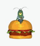  1_eye 2023 antennae_(anatomy) anthro belt bottomwear burger clothed clothing crossed_legs digital_media_(artwork) eyebrows food fruit fully_clothed green_body green_skin hi_res kogito krabby_patty lettuce male marine necktie nickelodeon pants plankton_(species) plant red_eyes sheldon_j._plankton shirt simple_background sitting smile solo spongebob_squarepants tomato topwear vegetable white_background yellow_sclera 