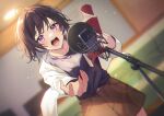  1girl absurdres black_hair blurry blush brown_skirt cowboy_shot depth_of_field dutch_angle gogo_4-ji_toumei_tokidoki_seiyuu haru_(hiyori-kohal) highres holding indoors jacket lens_flare long_sleeves looking_at_viewer microphone microphone_stand novel_illustration official_art open_clothes open_jacket open_mouth outstretched_arm pop_filter purple_eyes shirt short_hair shouting skirt solo studio_microphone sweat teeth textless_version v-shaped_eyebrows white_jacket 