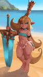  absurd_res beach bikini breasts charlotta_fenia clothing cranihum female granblue_fantasy harvin hi_res holding_object holding_sword holding_weapon humanoid humanoid_pointy_ears melee_weapon nipple_outline seaside small_breasts solo swimwear sword thick_thighs weapon 