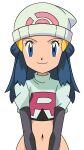  1girl beanie blue_eyes closed_mouth commentary_request cosplay cropped_jacket dawn_(pokemon) elbow_gloves eyelashes gloves hainchu hair_ornament hairclip hat highres jacket jessie_(pokemon) jessie_(pokemon)_(cosplay) logo long_hair looking_at_viewer navel pokemon pokemon_(anime) pokemon_dppt_(anime) shirt sidelocks simple_background smile solo team_rocket team_rocket_uniform upper_body white_background 