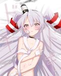  1girl amatsukaze_(kancolle) bed_sheet black_choker blush brown_eyes choker collarbone gloves grey_hair groin hair_between_eyes hair_tubes kantai_collection kimura_shiki long_hair looking_at_viewer navel neckerchief open_mouth smoke solo twitter_username two_side_up upper_body white_gloves white_neckerchief 