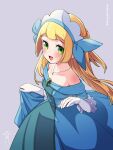  1girl :d blonde_hair blue_dress blunt_bangs blush collarbone commentary_request cosplay dress eyelashes gloves green_eyes grey_background highres jewelry kinocopro lillie_(pokemon) long_hair miette_(pokemon) miette_(pokemon)_(cosplay) necklace off-shoulder_dress off_shoulder open_mouth pokemon pokemon_(anime) pokemon_sm_(anime) pokemon_xy_(anime) simple_background smile solo tongue twitter_username watermark white_gloves 