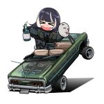  &gt;_&lt; 1girl absurdres black_gloves black_hair blush bottle bow car chibi convertible dress english_commentary floating_hair gloves green_bow green_dress grey_hair highres holding holding_bottle holding_mask holeecrab hololive hololive_dev_is juufuutei_raden lowrider mask midori_tsuki_(nickdoanut) motor_vehicle muscle_car nose_blush shadow simple_background smile solo unworn_mask vehicle_focus vehicle_request virtual_youtuber white_background 