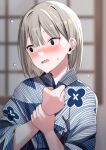 1girl bangs blonde_hair blue_kimono blurry blurry_background blush clothes_lift embarrassed floral_print highres japanese_clothes kimono kimono_lift looking_to_the_side mole mole_under_eye motto_notto open_mouth original short_hair solo striped striped_kimono sweat upper_body yellow_eyes 