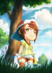  absurdres backwards_hat bird blue_sky brown_hair closed_mouth duck eyelashes female_child hat highres hololive oozora_subaru santoni shirt short_sleeves shorts sky smile solo_focus striped striped_shirt subaru_duck tree under_tree whistle whistle_around_neck white_shorts 