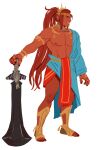  abs armlet asymmetrical_clothes black_nails brown_hair circlet dark-skinned_male dark_skin earrings ganondorf gerudo grin highres holding holding_weapon jewelry long_hair muscular muscular_male nipples pointy_ears ponytail rehydrated_ganondorf ring sandals siobhanchiffon smile the_legend_of_zelda the_legend_of_zelda:_tears_of_the_kingdom weapon 