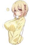  1girl ? blonde_hair blush breasts closed_mouth commentary_request hair_between_eyes hair_ornament highres hoshikuzu_telepath jewelry large_breasts long_sleeves looking_at_viewer mel_(melty_pot) necklace ribbed_sweater short_hair simple_background smile solo spoken_question_mark sweater takaragi_haruno white_background yellow_eyes yellow_sweater 