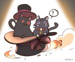  +_+ ? black_cat bow bowtie cat genshin_impact hat highres nbb3 purple_eyes red_eyes scaramouche_(genshin_impact) spoken_question_mark top_hat wanderer_(genshin_impact) 