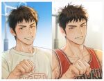  1boy aged_down basketball_hoop basketball_jersey basketball_uniform beckoning bishounen black_eyes blue_sky brown_hair fist_bump happy looking_at_viewer male_focus mitsui_hisashi multiple_views og_man outdoors red_tank_top short_hair sky slam_dunk_(series) smile sportswear sun sun_glare sweat tank_top toned toned_male upper_body white_tank_top 