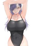  1girl armpits arms_up black_one-piece_swimsuit breasts cleavage closed_mouth competition_swimsuit covered_navel earrings goshiki_suzu grey_hair hair_over_one_eye highleg highleg_swimsuit highres huge_breasts jewelry large_breasts long_hair looking_at_viewer mole mole_under_eye multicolored_hair one-piece_swimsuit original purple_hair simple_background solo swimsuit white_background 
