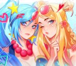  2girls arcade_sona blonde_hair blue_eyes blue_hair breasts cleavage closed_mouth double_bun earrings eyewear_on_head fiiiiiiisher7 fingernails hair_between_eyes hair_bun hair_ornament hairclip highres jewelry league_of_legends light_blush long_hair looking_at_viewer multiple_girls nail_polish ocean_song_seraphine official_alternate_costume official_alternate_hairstyle one_eye_closed red_nails seraphine_(league_of_legends) sidelocks simple_background smile sona_(league_of_legends) sparkle sunglasses twintails upper_body 