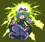  1girl cross-laced_clothes dress full_body ghost_tail green_background green_dress green_hair lightning long_sleeves looking_at_viewer ofuda ofuda_on_clothes open_mouth puyopuyo shinmon_akika short_hair soga_no_tojiko solo touhou 