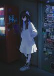  1girl aya_(lezon) black_hair black_socks blue_eyes dress hand_in_pocket highres long_hair looking_at_viewer mask mask_pull mouth_mask original shoes sneakers socks solo sticker vending_machine white_dress 