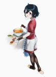  1girl animal_slippers apron beleven black_gloves black_hair black_pantyhose blue_eyes blush cooking food frilled_apron frills gloves grey_shorts highres kaban_(kemono_friends) kemono_friends looking_at_viewer no_headwear pantyhose red_shirt shirt short_hair short_sleeves shorts slippers solo t-shirt white_apron 