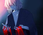  1boy blood blood_on_hands blue_kimono fujihana_(mugenpixel) japanese_clothes kimono loose_kimono red_eyes short_hair solo tohno_shiki_(2) tsukihime white_hair 