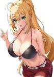  1girl ahoge akahara_tyun alternate_costume bare_shoulders belt bikini bikini_top_only blonde_hair breasts cleavage green_eyes hand_up large_breasts open_mouth ponytail red_shorts shorts solo stomach swimsuit tsurumaki_maki voiceroid 