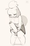  2023 animal_crossing anthro artist_name balls bottomwear canid canine canis clothed clothing crossgender domestic_dog erection erection_under_clothing foreskin ftg_crossgender fti_crossgender genitals gynomorph hi_res humanoid_genitalia humanoid_penis intersex isabelle_(animal_crossing) kyurisawa mammal monochrome nintendo penis shih_tzu skirt solo topwear toy_dog 