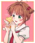  1girl blush blush_stickers brown_hair cardcaptor_sakura child friends green_eyes happy heart holding kero kinomoto_sakura necktie open_mouth short_hair simple_background tsukisaka_iro twitter_username wings 