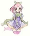 1girl bow cape dress hair_bow long_hair looking_at_viewer millie_chliette open_mouth pink_eyes pink_hair pink_thighhighs pointy_ears ponytail simple_background smile solo star_ocean star_ocean_first_departure tail thighhighs trutsmn white_background 