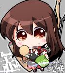  1girl akagi_(kancolle) brown_eyes brown_hair character_name chibi flight_deck gloves hakama hakama_short_skirt hakama_skirt highres japanese_clothes kantai_collection kuroneko_(kuroneko_works) long_hair muneate partially_fingerless_gloves red_hakama rigging single_glove skirt solo straight_hair tasuki yugake yumi_(bow) 