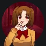  1girl blood blood_on_clothes blood_on_hands blush bow bowtie breasts brown_hair cardigan chizzy large_breasts looking_at_viewer parted_bangs red_bow red_bowtie red_eyes tongue tsukihime tsukihime_(remake) yellow_cardigan yumizuka_satsuki 