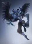  2023 action_pose anthro avian avian_arms back_wings biped bird black_bottomwear black_clothing black_markings black_nose black_pants black_wings blue_jay bottomwear breasts canid canine canis cape claws clothed clothing corvid david_lillie dipstick_ears eyebrows feathered_wings feathers female flying grey_body hi_res hybrid jay_(bird) leg_wrap looking_down mammal markings multicolored_ears neck_tuft new_world_jay open_mouth oscine pants passerine pose scuted_arms scuted_hands scutes shirt simple_background solo teeth toe_claws tongue topwear tuft wings wolf 