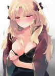  1girl azumi_(myameco) blonde_hair blush breasts cape cleavage closed_mouth commentary_request ereshkigal_(fate) fate/grand_order fate_(series) gradient_background grey_background hair_ribbon long_hair medium_breasts red_cape red_eyes red_ribbon ribbon solo 