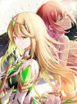  2girls aegis_sword_(xenoblade) bare_shoulders blonde_hair breasts chest_jewel closed_eyes earrings frown gem highres jewelry large_breasts long_hair multiple_girls mythra_(xenoblade) nude pyra_(xenoblade) red_hair short_hair swept_bangs sword tiara ui_frara weapon xenoblade_chronicles_(series) xenoblade_chronicles_2 yellow_eyes 