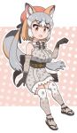  1girl animal_ears bare_shoulders bow bowtie brown_eyes elbow_gloves extra_ears fox_ears fox_girl fox_tail gloves grey_hair hat highres island_fox_(kemono_friends) japanese_clothes kemono_friends kemono_friends_v_project kimono kneehighs long_hair looking_at_viewer open_mouth orange_hair ribbon simple_background socks solo tail tsushima_leopard_cat_(kemono_friends) twintails virtual_youtuber waffle_(3sqxhfadeegfiux) zouri 