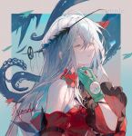  1girl aqua_gloves arknights artist_name bare_shoulders closed_eyes commentary_request detached_sleeves dress frilled_sleeves frills gloves hair_between_eyes hand_up highres long_hair no_headwear nonhaaa open_mouth red_dress red_sleeves sample_watermark skadi_(arknights) skadi_the_corrupting_heart_(arknights) smile solo tentacles upper_body watermark white_hair 