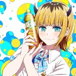  1girl 4b-enpitsu :3 blonde_hair blue_bow blue_bowtie blue_eyes blunt_bangs blush bottle bow bowtie chromatic_aberration closed_mouth collared_shirt commentary demon_horns dress_shirt dydo_drinco fake_horns film_grain highres holding holding_bottle horns looking_at_viewer memcho nail_polish no_pupils oshi_no_ko plaid plaid_bow plaid_bowtie red_nails shadow shirt short_hair short_sleeves sidelocks signature smile solo unmoving_pattern upper_body white_background white_shirt 