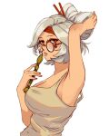  1girl arm_up armpits breasts caminukai flute glasses highres holding holding_instrument instrument large_breasts looking_at_viewer parted_lips purah red_eyes simple_background solo the_legend_of_zelda the_legend_of_zelda:_tears_of_the_kingdom upper_body white_background white_hair 