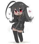  1girl :d ahoge arms_behind_back bell blush_stickers collar commentary_request dark-skinned_female dark_skin drawstring fang flipped_hair full_body grey_footwear grey_hair grey_hoodie grey_thighhighs hair_between_eyes hair_flaps heart hood hood_down hoodie huge_ahoge jingle_bell kisaragi_kaya long_hair long_sleeves metal_collar motion_lines neck_bell open_mouth original pointy_ears red_eyes side-tie_peek simple_background skin_fang smile solo standing standing_on_one_leg thighhighs white_background yste zettai_ryouiki zipper_pull_tab 