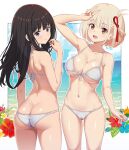  2girls :d arm_at_side arm_up ass bare_arms bare_shoulders bikini black_hair blonde_hair blue_flower bob_cut border breasts closed_mouth cloud collarbone commentary_request cowboy_shot flower front-tie_bikini_top front-tie_top hair_ribbon halterneck hand_up highres inoue_takina large_breasts light_blush long_hair looking_at_viewer lycoris_recoil median_furrow multiple_girls navel nishikigi_chisato ocean open_mouth outside_border paid_reward_available pasya-pasya purple_eyes red_eyes red_flower red_ribbon ribbon short_hair shoulder_blades skindentation smile split_mouth stomach swimsuit underboob v v_over_head water white_bikini white_border 