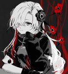  1girl asymmetrical_sleeves boyano closed_mouth fingerless_gloves flower gloves grey_background hair_over_one_eye hand_up isekai_joucho jacket kamitsubaki_studio long_hair long_sleeves looking_at_viewer monochrome puffy_long_sleeves puffy_sleeves red_flower short_sleeves single_glove sleeves_past_wrists smile solo upper_body very_long_hair virtual_youtuber 
