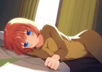  1girl absurdres alternate_costume arm_support backlighting blue_eyes blush clenched_hand closed_mouth commentary cosplay curvy day eyelashes go-toubun_no_hanayome highres indoors kigurumi long_sleeves looking_at_viewer lying medium_hair nakano_yotsuba no_ribbon on_bed on_side orange_hair smile solo yasuba_yuichi 