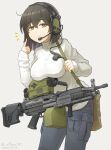  1girl breasts brown_eyes brown_hair dated fn_minimi grey_pants gun headset highres long_sleeves machine_gun mifune_(_mifune_707) night_vision_device optical_sight original pants pointing pointing_at_self sling smile solo sweater twitter_username weapon white_background white_sweater 