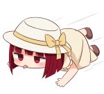  1girl all_fours arima_kana blush bow brown_bow brown_dress brown_footwear chibi closed_mouth commentary_request dress full_body hana_kazari hat hat_bow highres jitome oshi_no_ko red_eyes red_hair shoes short_sleeves solo sun_hat tongue tongue_out white_background white_headwear 