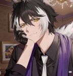  1boy animal_ears black_gloves black_hair black_shirt chap_yun closed_mouth fur_trim gloves hair_between_eyes half_gloves hand_on_own_face highres holostars indoors jackal_boy jackal_ears kageyama_shien looking_at_viewer male_focus multicolored_hair necktie picture_frame portrait purple_shawl shawl shirt short_hair slit_pupils smile solo two-tone_hair virtual_youtuber wallpaper_(object) white_necktie yellow_eyes 