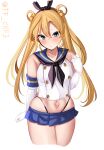  1girl abukuma_(kancolle) black_hairband black_neckerchief black_panties blonde_hair blue_eyes blue_sailor_collar blue_skirt blush cosplay crop_top double_bun elbow_gloves gloves hair_between_eyes hair_bun hair_rings hairband highleg highleg_panties highres kantai_collection long_hair looking_at_viewer microskirt navel neckerchief panties sailor_collar shimakaze_(kancolle) shimakaze_(kancolle)_(cosplay) simple_background skirt solo striped tf_cafe twintails twitter_username underwear white_background white_gloves 