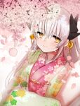  1girl black_horns cherry_blossoms dragon_girl dragon_horns fate/grand_order fate_(series) horns japanese_clothes kimono kiyohime_(fate) kiyohime_(third_ascension)_(fate) layered_clothes layered_kimono long_hair mamemix multiple_horns smile solo very_long_hair white_hair yellow_eyes 