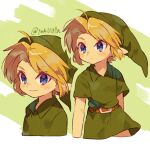  1boy artist_name closed_mouth commentary_request green_shirt hat link looking_at_viewer male_focus pointy_ears shirt short_hair short_sleeves simple_background smile the_legend_of_zelda the_legend_of_zelda:_ocarina_of_time tokuura tunic young_link 