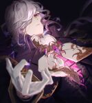  1boy absurdres ascot black_background black_cloak black_jacket brooch cloak closed_mouth collared_cloak edmond_dantes_(fate) edmond_dantes_(monte_cristo_uniform)_(fate) expressionless fate/grand_order fate_(series) gem gloves hair_over_one_eye highres jacket jewelry long_hair long_sleeves looking_at_viewer low_ponytail male_focus official_alternate_costume popped_collar purple_gemstone red_eyes shirt simple_background sleeve_cuffs solo tandem upper_body wavy_hair white_ascot white_gloves white_hair white_shirt 