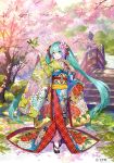  aqua_hair architecture bird bird_on_hand blue_kimono bridge cherry_blossoms commentary_request east_asian_architecture floral_print flower full_body furisode fuzichoco hair_flower hair_ornament hatsune_miku highres japanese_clothes kanzashi kimono long_hair multicolored_clothes multicolored_kimono okobo outdoors print_kimono red_kimono socks tabi twintails very_long_hair vocaloid white_socks wide_sleeves yellow_kimono 