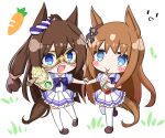  2girls animal_ears blue_eyes blush_stickers bow brown_footwear brown_hair chibi commentary_request cup drinking_straw el_condor_pasa_(umamusume) eye_mask frilled_skirt frills grass_wonder_(umamusume) hair_between_eyes holding holding_cup horse_ears horse_girl horse_tail komakoma_(magicaltale) multiple_girls pleated_skirt ponytail puffy_short_sleeves puffy_sleeves purple_bow purple_shirt school_uniform shirt shoes short_sleeves simple_background skirt tail thighhighs tracen_school_uniform umamusume white_background white_skirt white_thighhighs 