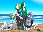  2023 absurd_res beach black_sclera blue_eyes clothing female fusion gardevoir generation_3_pokemon generation_7_pokemon gesture ghostth39 green_hair group group_picture hair hair_over_eye hi_res humanoid kneeling looking_at_viewer nintendo not_furry one_eye_obstructed pokemon pokemon_(species) pokemon_fusion pose purple_eyes red_eyes ruby_(ghostth39) salazzle seaside signature smile summer v_sign 