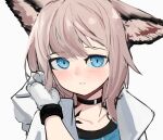  1girl animal_ears ao_oni_(onioni-aoi) arknights black_choker blue_eyes blush brown_hair choker close-up commentary ear_down fox_ears fox_girl gloves hand_in_own_hair hand_on_own_ear hand_up highres hood hood_down hooded_jacket infection_monitor_(arknights) jacket looking_at_viewer medium_hair open_clothes open_jacket oripathy_lesion_(arknights) parted_lips portrait simple_background solo split_mouth sussurro_(arknights) unfinished white_background white_gloves white_jacket 
