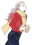  1girl closed_eyes coffee_cup cup denim disposable_cup earrings floating_hair highres holding holding_cup jewelry kawai_chihiro light_blush light_smile long_hair original pink_hair profile red_sweater scarf simple_background solo sweater walking white_background 